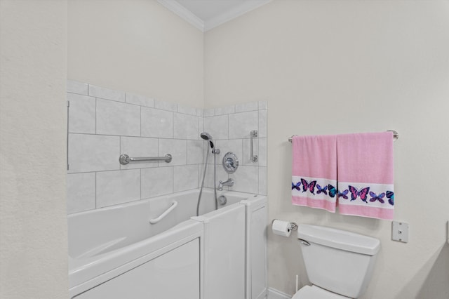 full bath with crown molding, toilet, vanity, and tile patterned flooring