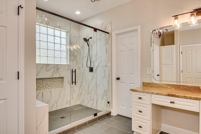 3954 Hammonds Fry, Evans, GA 30809 - full bath featuring a marble finish shower, vanity, tile patterned floors, recessed lighting, and a chandelier