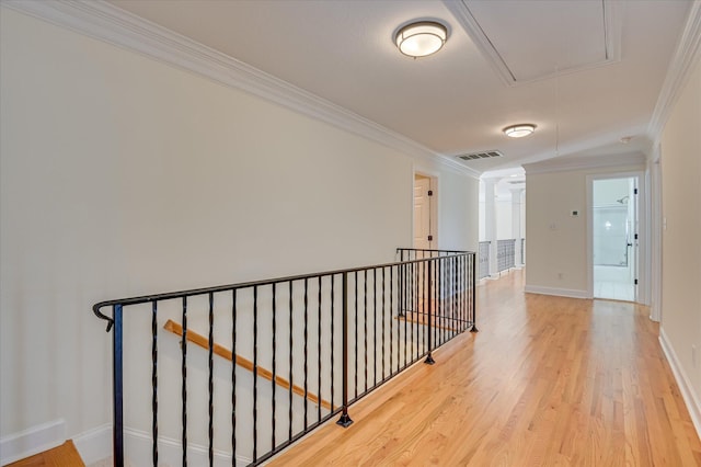 3954 Hammonds Fry, Evans, GA 30809 - corridor with attic access, ornamental molding, an upstairs landing, and light wood-style flooring