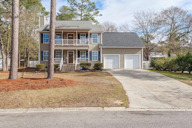 view of front facade featuring a porch and a garage