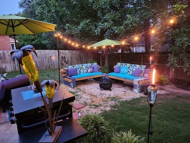 10 Weyanoke Ct, Aiken, SC 29803 - view of patio with a fenced backyard and an outdoor living space with a fire pit