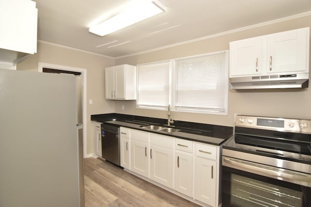 kitchen with white cabinets, light wood finished floors, under cabinet range hood, a sink, and appliances with stainless steel finishes
