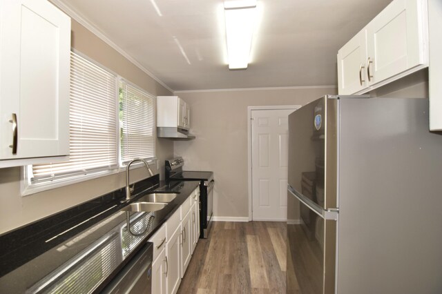 kitchen featuring under cabinet range hood, stainless steel appliances, white cabinetry, a sink, and dark wood-style flooring