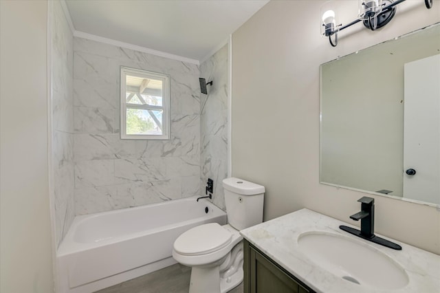bathroom with toilet, tub / shower combination, and vanity