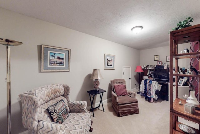 sitting room with carpet, a textured ceiling, and baseboards