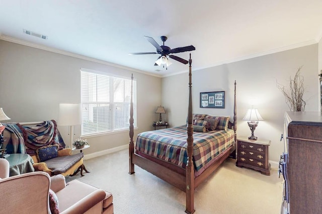 bedroom with visible vents, crown molding, light carpet, and baseboards