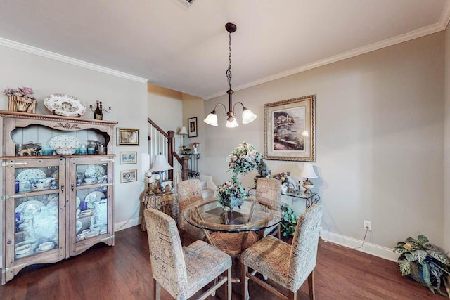 dining space with baseboards, dark wood finished floors, an inviting chandelier, stairs, and crown molding