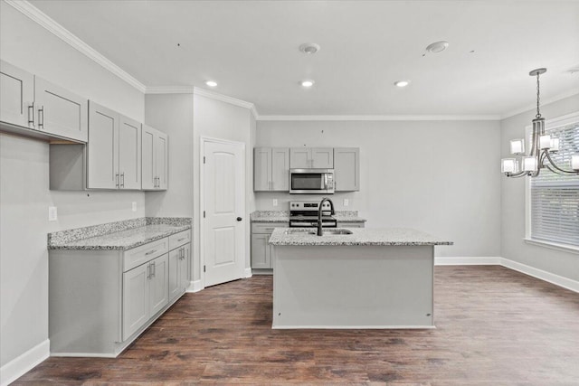 kitchen featuring gray cabinets, stainless steel appliances, dark hardwood / wood-style floors, light stone countertops, and sink