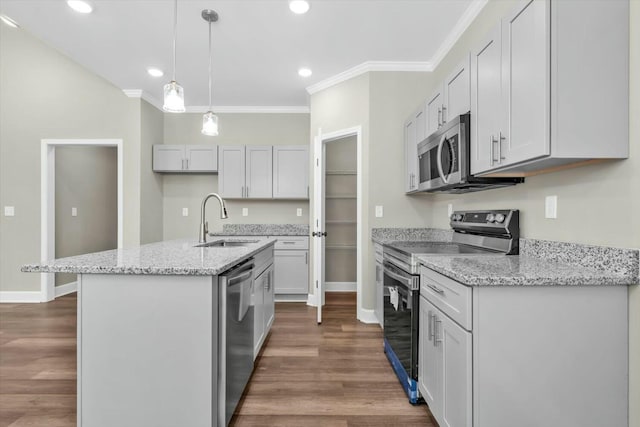 kitchen with a sink, dark wood-style flooring, appliances with stainless steel finishes, an island with sink, and ornamental molding