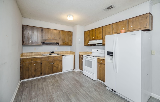 kitchen featuring a textured ceiling, sink, light wood-type flooring, and white appliances