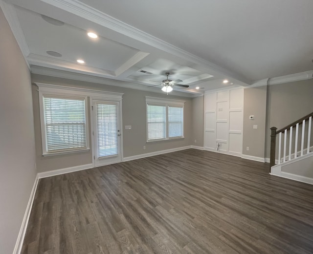 333 Sumac Trl, Evans, GA 30809 - unfurnished living room featuring dark wood-style flooring, crown molding, stairs, recessed lighting, and a ceiling fan