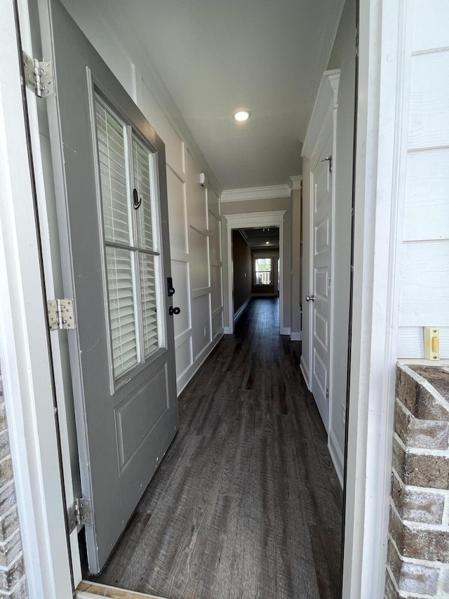 333 Sumac Trl, Evans, GA 30809 - corridor featuring ornamental molding, dark wood-style floors, and recessed lighting