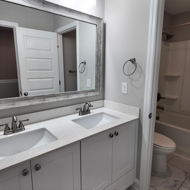 333 Sumac Trl, Evans, GA 30809 - bathroom with double vanity, shower / bath combination, and marble finish flooring