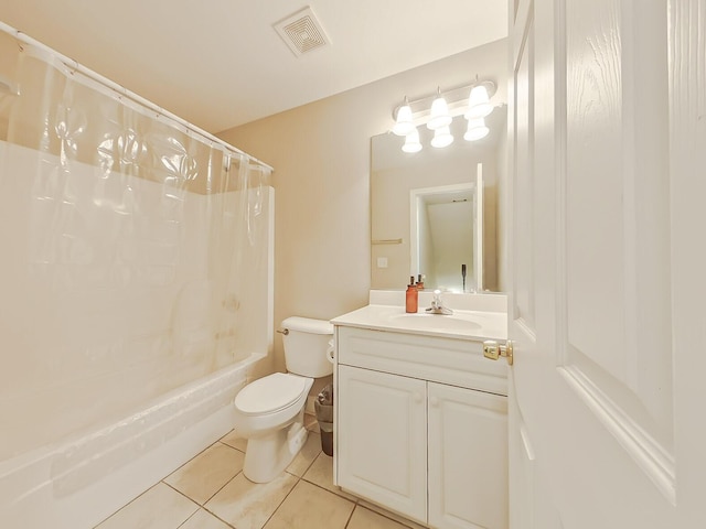 full bath featuring vanity, visible vents, tile patterned flooring, shower / tub combo, and toilet