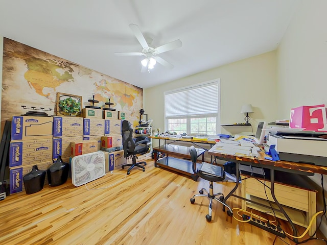 office area featuring a ceiling fan and wood finished floors