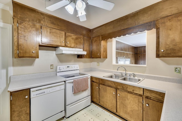 3414 Forest Estates Dr, Augusta, GA 30909 - kitchen featuring white appliances, under cabinet range hood, ceiling fan, and brown cabinets