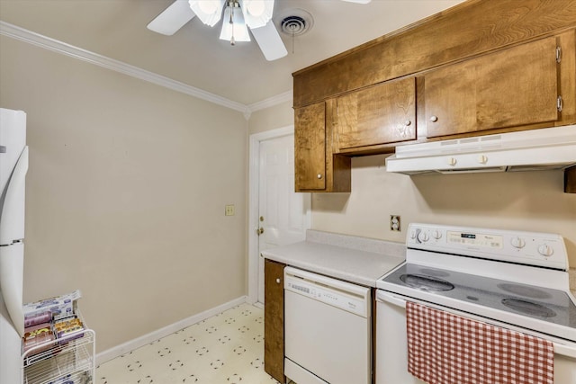 3414 Forest Estates Dr, Augusta, GA 30909 - kitchen featuring white appliances, under cabinet range hood, light floors, ornamental molding, and ceiling fan