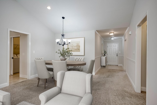 3113 Sunset Maple Trl, Evans, GA 30809 - dining room with washing machine and clothes dryer, light colored carpet, a chandelier, lofted ceiling, and recessed lighting
