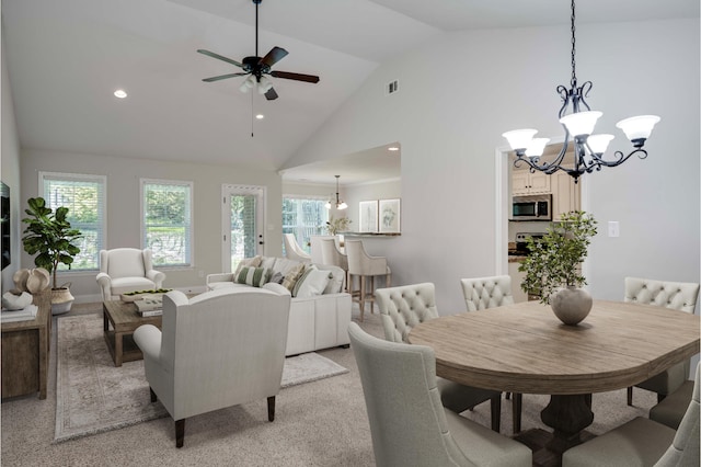 3113 Sunset Maple Trl, Evans, GA 30809 - dining area featuring a chandelier, recessed lighting, ceiling fan, and high vaulted ceiling