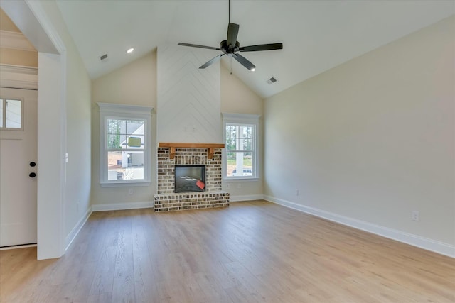 unfurnished living room with visible vents, high vaulted ceiling, wood finished floors, and a ceiling fan