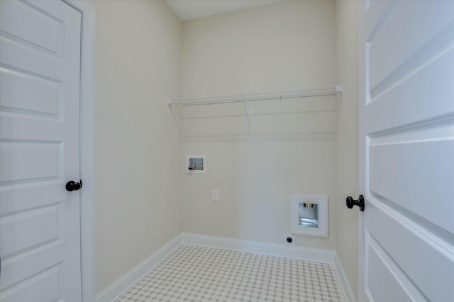clothes washing area with electric dryer hookup, hookup for a washing machine, tile patterned floors, and laundry area