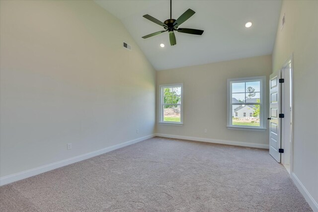 unfurnished room featuring visible vents, baseboards, recessed lighting, carpet, and high vaulted ceiling