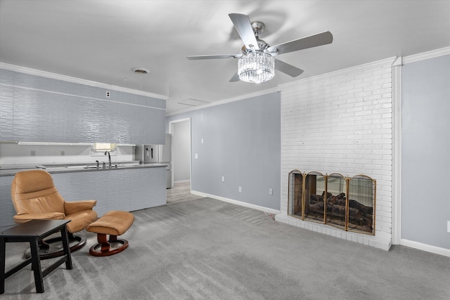 4067 Flintrock Way, Martinez, GA 30907 - sitting room with a ceiling fan, light carpet, a fireplace, and ornamental molding