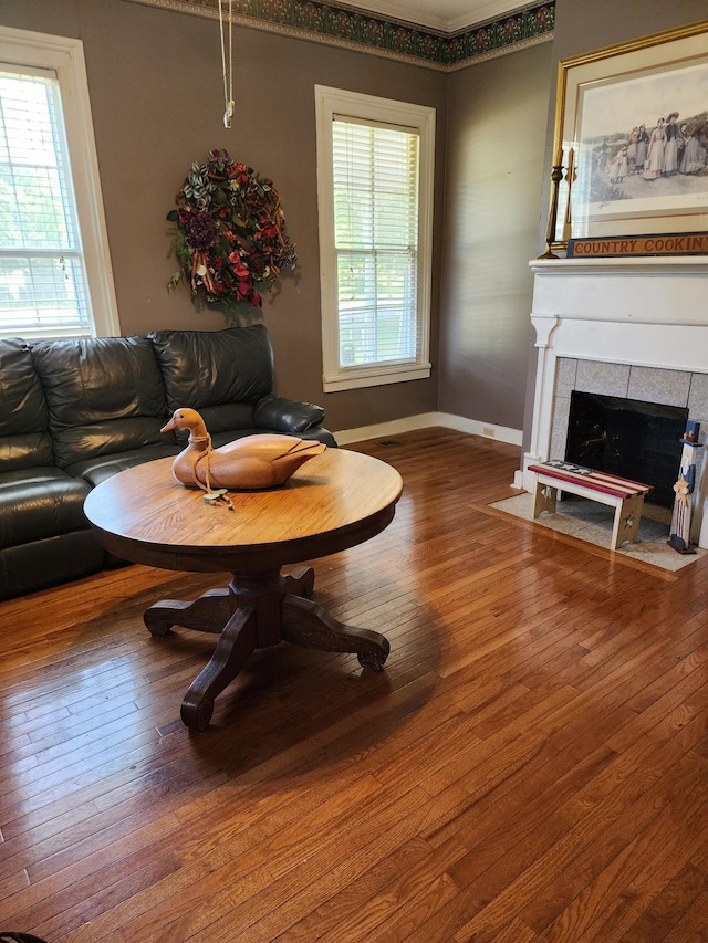 living room with a wealth of natural light, a fireplace, and wood-type flooring