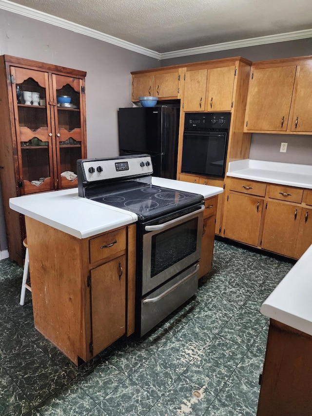 kitchen with black appliances, ornamental molding, and a textured ceiling