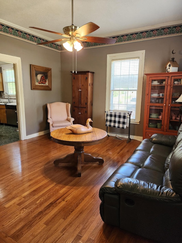 living room with hardwood / wood-style floors, ceiling fan, and sink