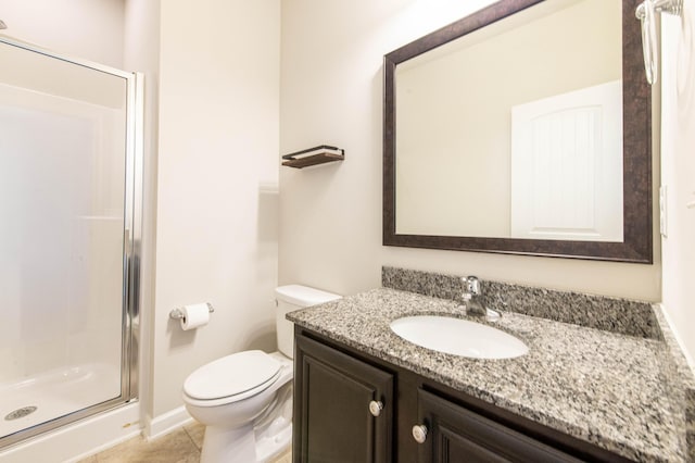 bathroom with tile patterned floors, walk in shower, toilet, and vanity