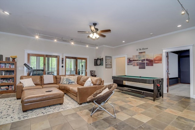 1020 Peninsula Xing, Evans, GA 30809 - living room with track lighting, billiards table, ceiling fan, and ornamental molding