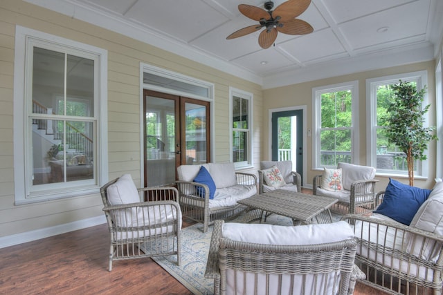 1020 Peninsula Xing, Evans, GA 30809 - sunroom featuring coffered ceiling, french doors, baseboards, wood finished floors, and wooden walls