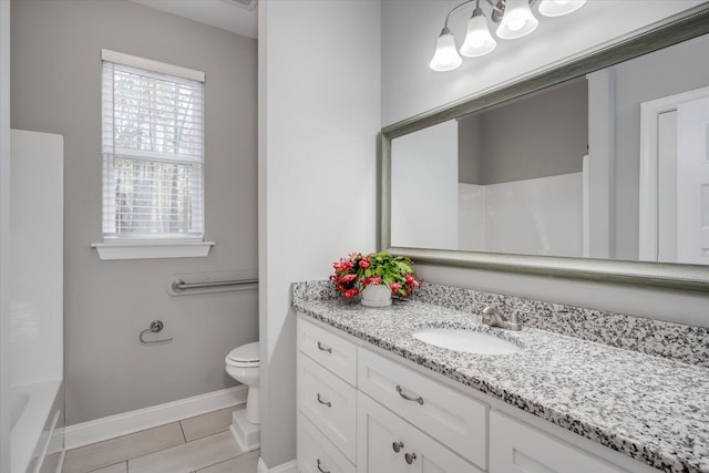 full bathroom featuring vanity, tub / shower combination, and toilet