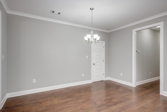 unfurnished room with a chandelier, dark hardwood / wood-style floors, and crown molding