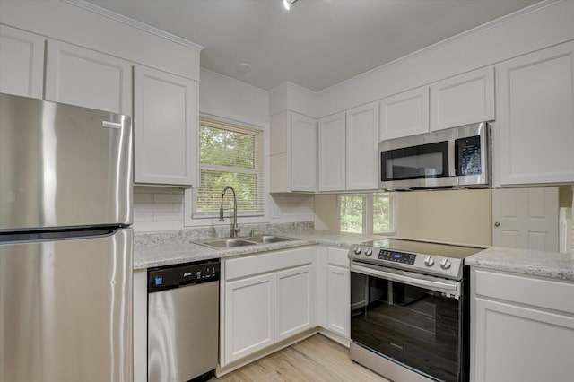 kitchen featuring white cabinets, backsplash, stainless steel appliances, and a sink