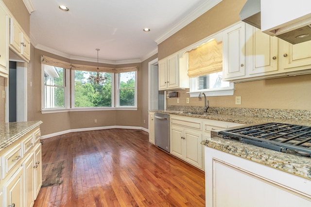 2531 Tupelo Dr, Augusta, GA 30909 - kitchen with stainless steel dishwasher, plenty of natural light, light wood-style flooring, extractor fan, and ornamental molding
