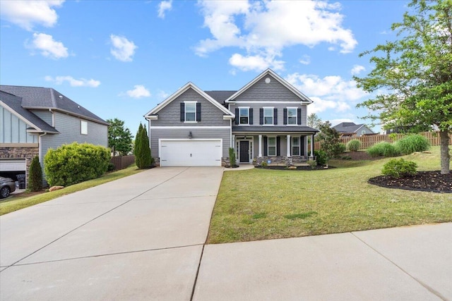 craftsman-style house with a porch, a garage, and a front lawn