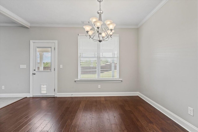 unfurnished dining area featuring hardwood / wood-style floors, a notable chandelier, and ornamental molding