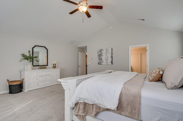 bedroom featuring visible vents, light carpet, lofted ceiling, a ceiling fan, and baseboards