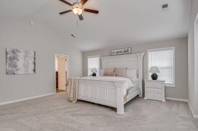 bedroom featuring light carpet, visible vents, and baseboards