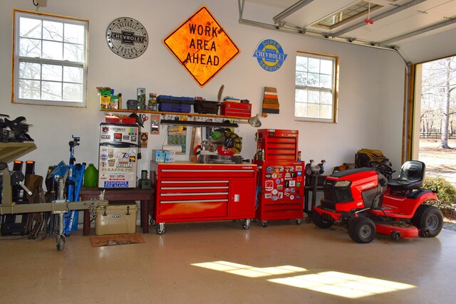 garage featuring a workshop area