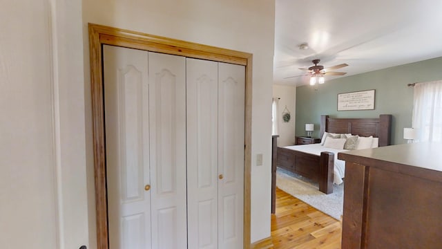 bedroom featuring ceiling fan and light hardwood / wood-style flooring