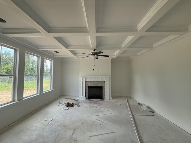 930 Walker Point Dr Unit Tp11, Grovetown, GA 30813 - unfurnished living room featuring ceiling fan, coffered ceiling, a brick fireplace, beamed ceiling, and baseboards