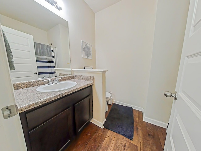 4706 Southwind Rd, Evans, GA 30809 - full bath featuring toilet, vanity, wood finished floors, baseboards, and a shower with curtain