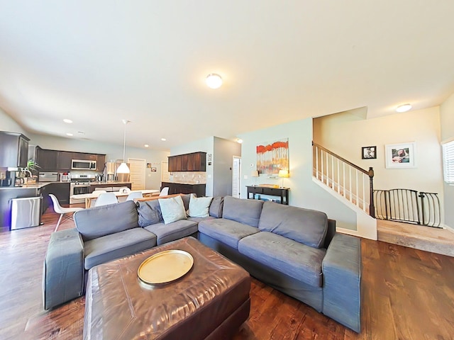 4706 Southwind Rd, Evans, GA 30809 - living area with stairs, dark wood-type flooring, recessed lighting, and baseboards