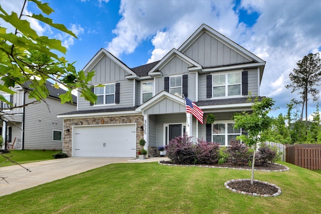 craftsman inspired home featuring board and batten siding, an attached garage, concrete driveway, and stone siding