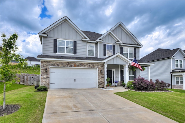 craftsman house featuring board and batten siding, stone siding, a garage, driveway, and a porch