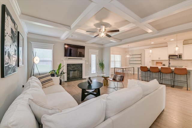 living room with light wood-style flooring, beam ceiling, a stone fireplace, a ceiling fan, and coffered ceiling