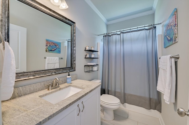 bathroom featuring ornamental molding, vanity, toilet, tile patterned floors, and curtained shower